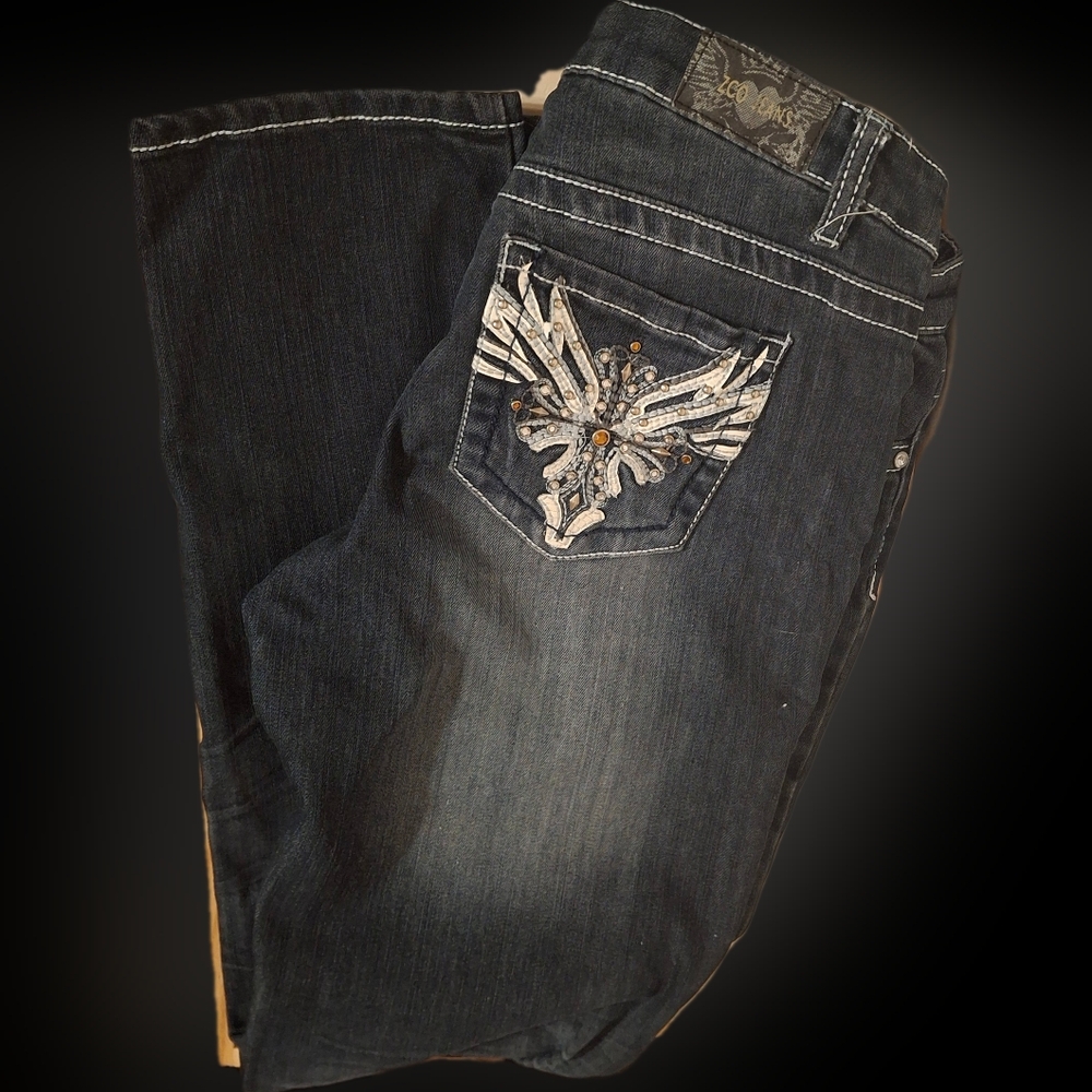 ZCO Womens Embroidered With Bling, Dark Wash Jeans, Skinny Leg Size 11